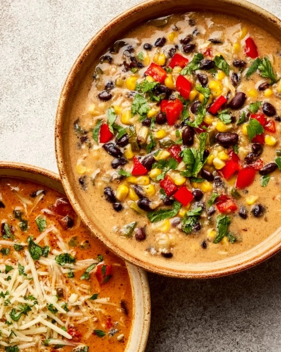 A variety of winter soup recipes served in bowls, topped with fresh herbs.