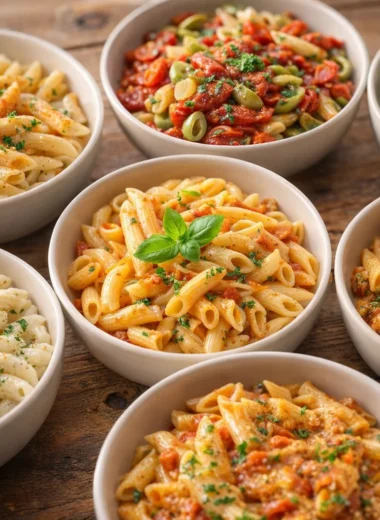 A delicious bowl of pasta with meat sauce and herbs, perfect for busy weeknight dinners.