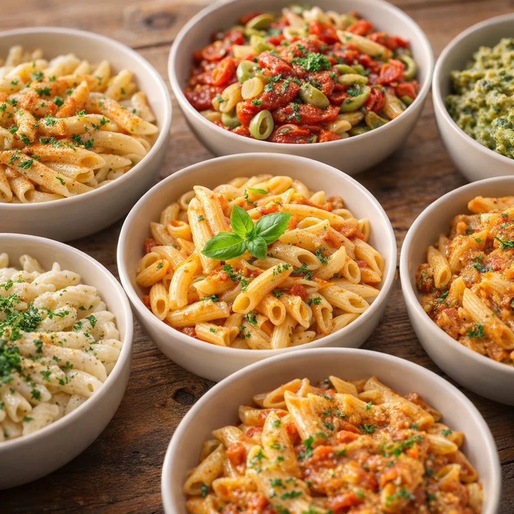 A delicious bowl of pasta with meat sauce and herbs, perfect for busy weeknight dinners.