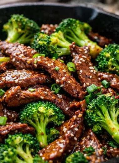 Delicious beef and broccoli stir fry in a bowl ready to serve.