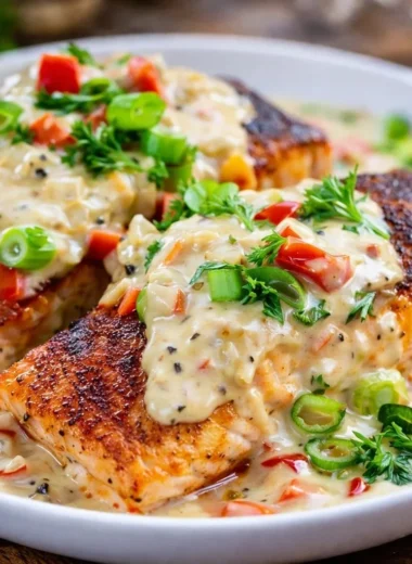 Delicious blackened salmon served with creamy Cajun sauce on a plate