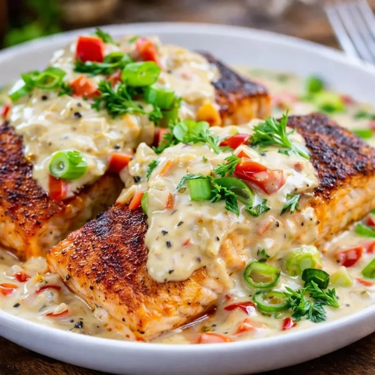 Delicious blackened salmon served with creamy Cajun sauce on a plate