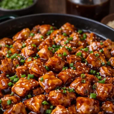 Delicious Bourbon Chicken dish served with rice and vegetables