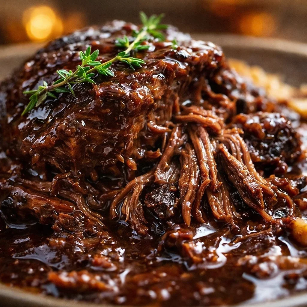 Delicious braised beef short ribs served with red wine sauce