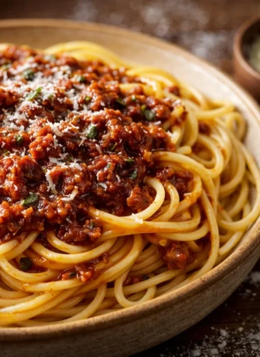 A bowl of affordable pasta dinner that serves 6 for under $10, featuring fresh ingredients.