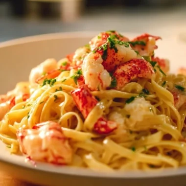 Plate of buttered lobster pasta with butter poached lobster and herbs
