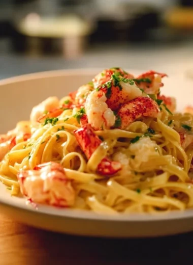 Plate of buttered lobster pasta with butter poached lobster and herbs