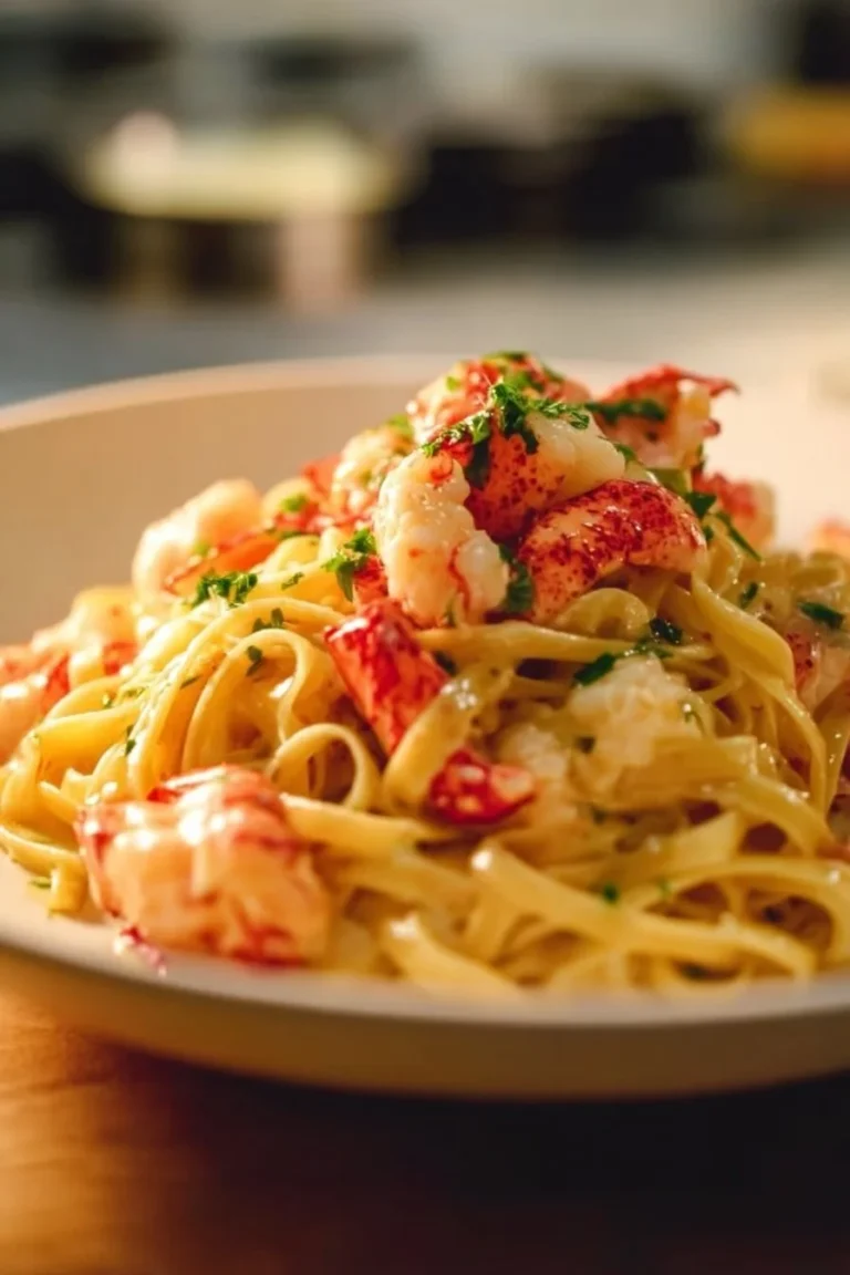 Plate of buttered lobster pasta with butter poached lobster and herbs