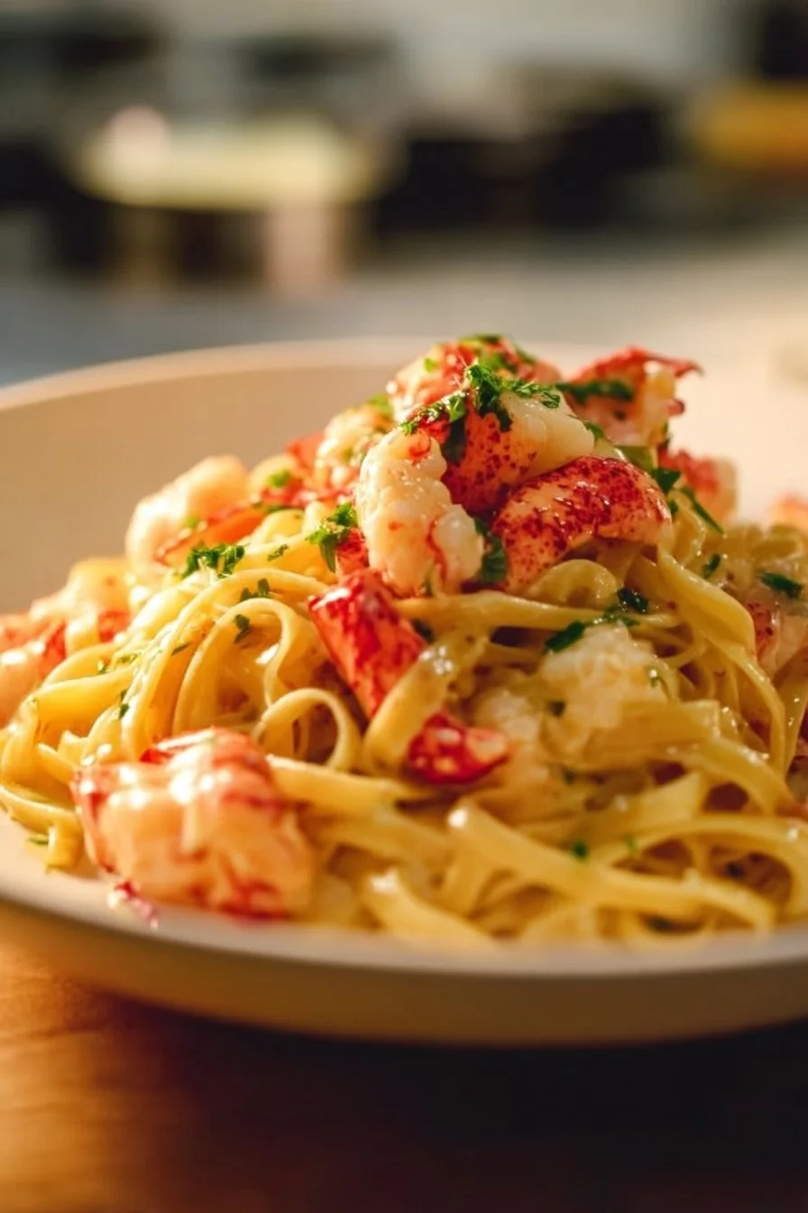 Plate of buttered lobster pasta with butter poached lobster and herbs