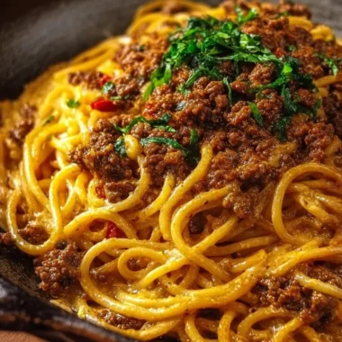 Cajun Beef Spaghetti in creamy three cheese parmesan sauce served in a bowl