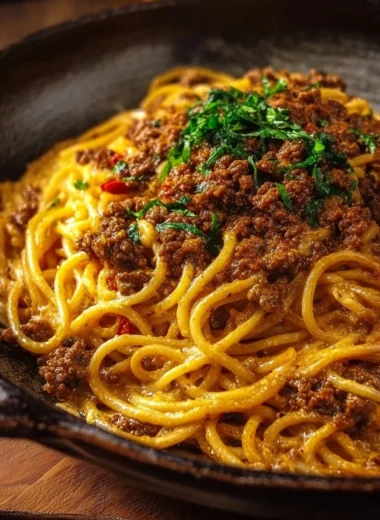 Cajun Beef Spaghetti in creamy three cheese parmesan sauce served in a bowl