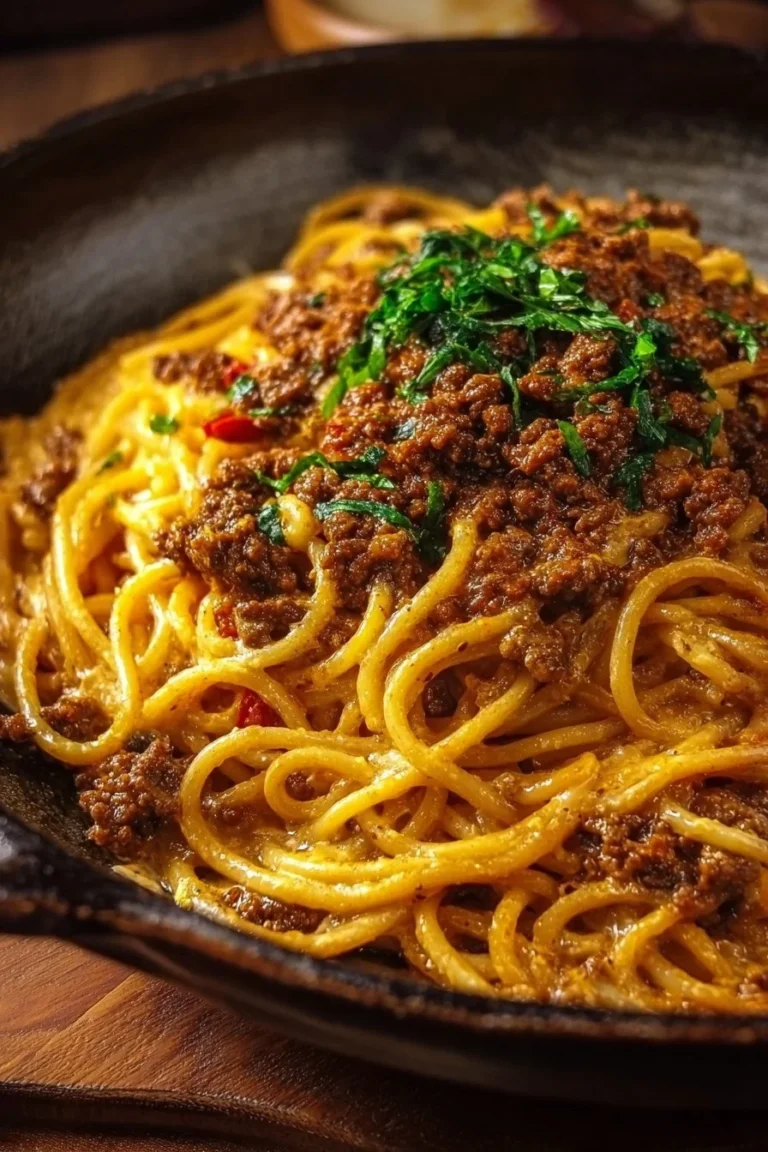 Cajun Beef Spaghetti in creamy three cheese parmesan sauce served in a bowl