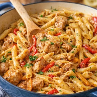 A delicious plate of Cajun Chicken Alfredo pasta topped with herbs