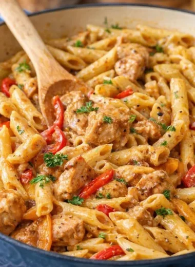A delicious plate of Cajun Chicken Alfredo pasta topped with herbs