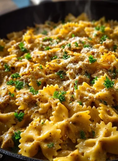 Cajun Cream Cheese Alfredo Bowties topped with spiced ground beef in a bowl