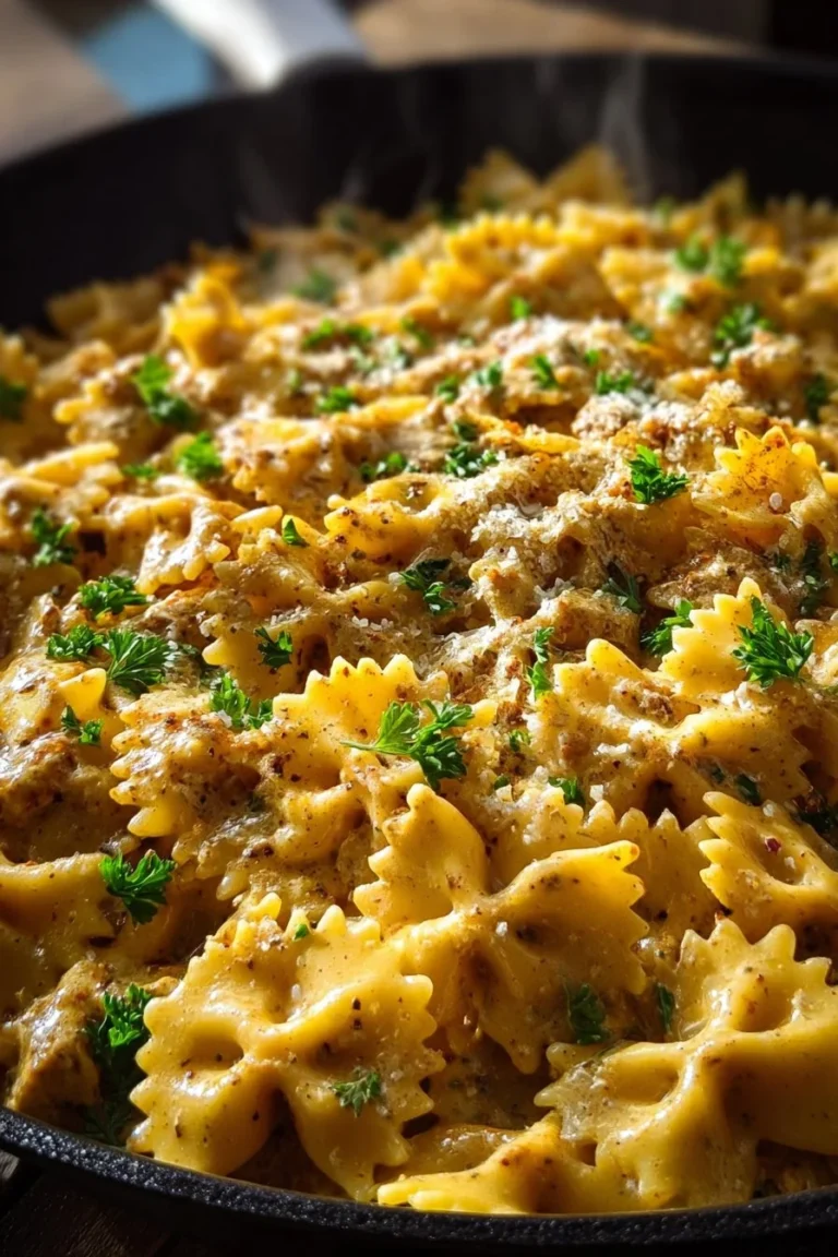 Cajun Cream Cheese Alfredo Bowties topped with spiced ground beef in a bowl