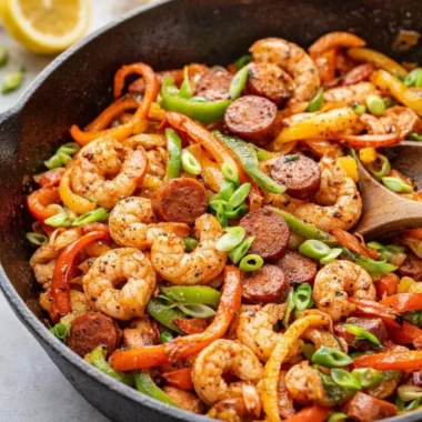 Cajun Shrimp and Sausage Skillet with colorful vegetables on a plate