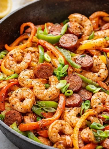 Cajun Shrimp and Sausage Skillet with colorful vegetables on a plate