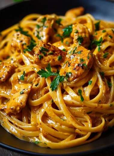 Delicious Cowboy Butter Chicken Linguine topped with fresh herbs and spices