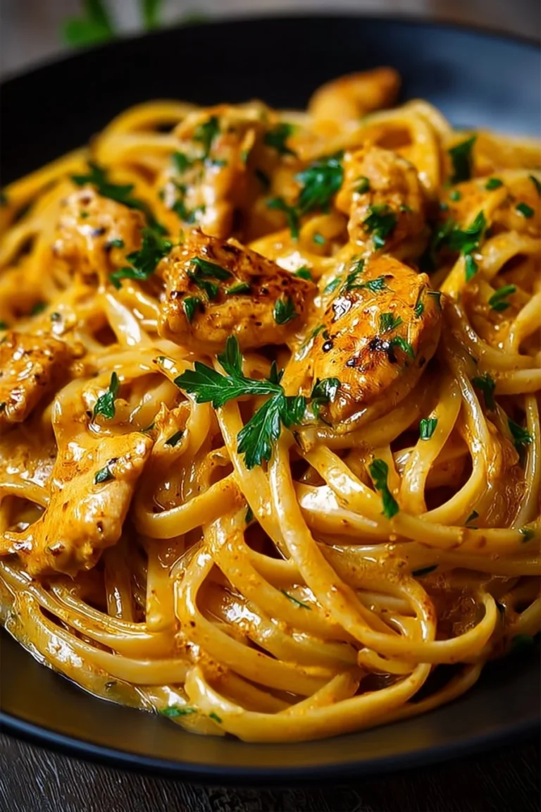 Delicious Cowboy Butter Chicken Linguine topped with fresh herbs and spices