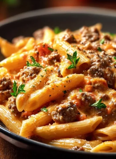 Creamy beef pasta served in a cozy setting, perfect for winter nights