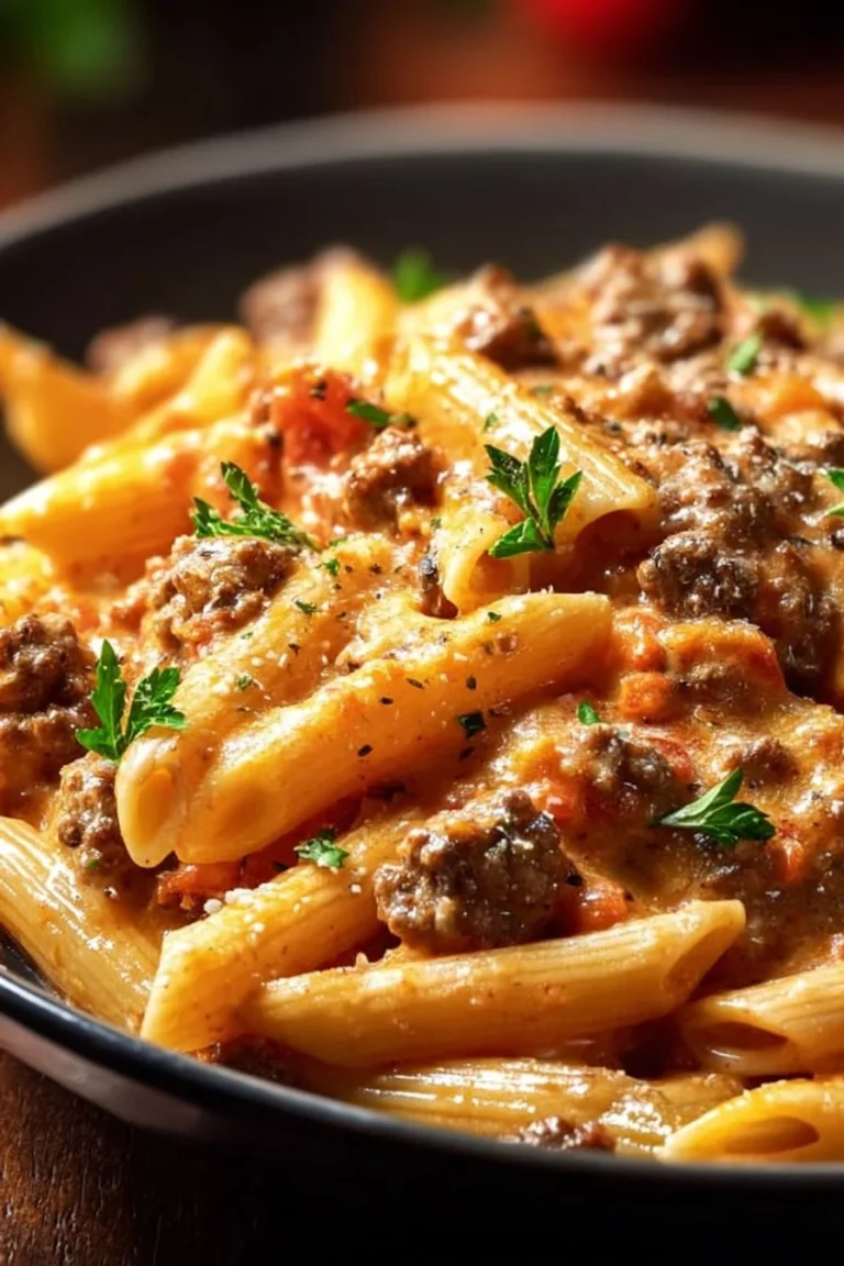 Creamy beef pasta served in a cozy setting, perfect for winter nights