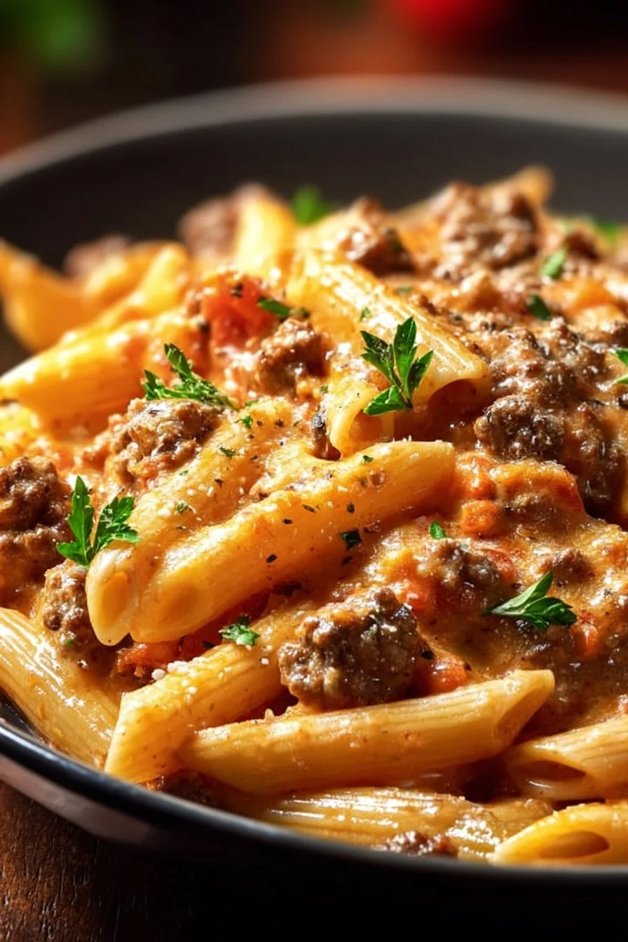 Creamy beef pasta served in a cozy setting, perfect for winter nights