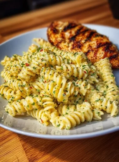 Plate of creamy Garlic Parmesan Chicken Pasta garnished with parsley.