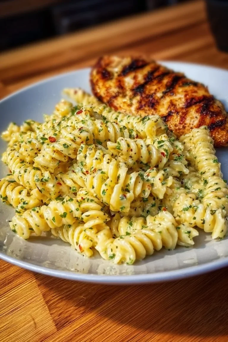 Plate of creamy Garlic Parmesan Chicken Pasta garnished with parsley.