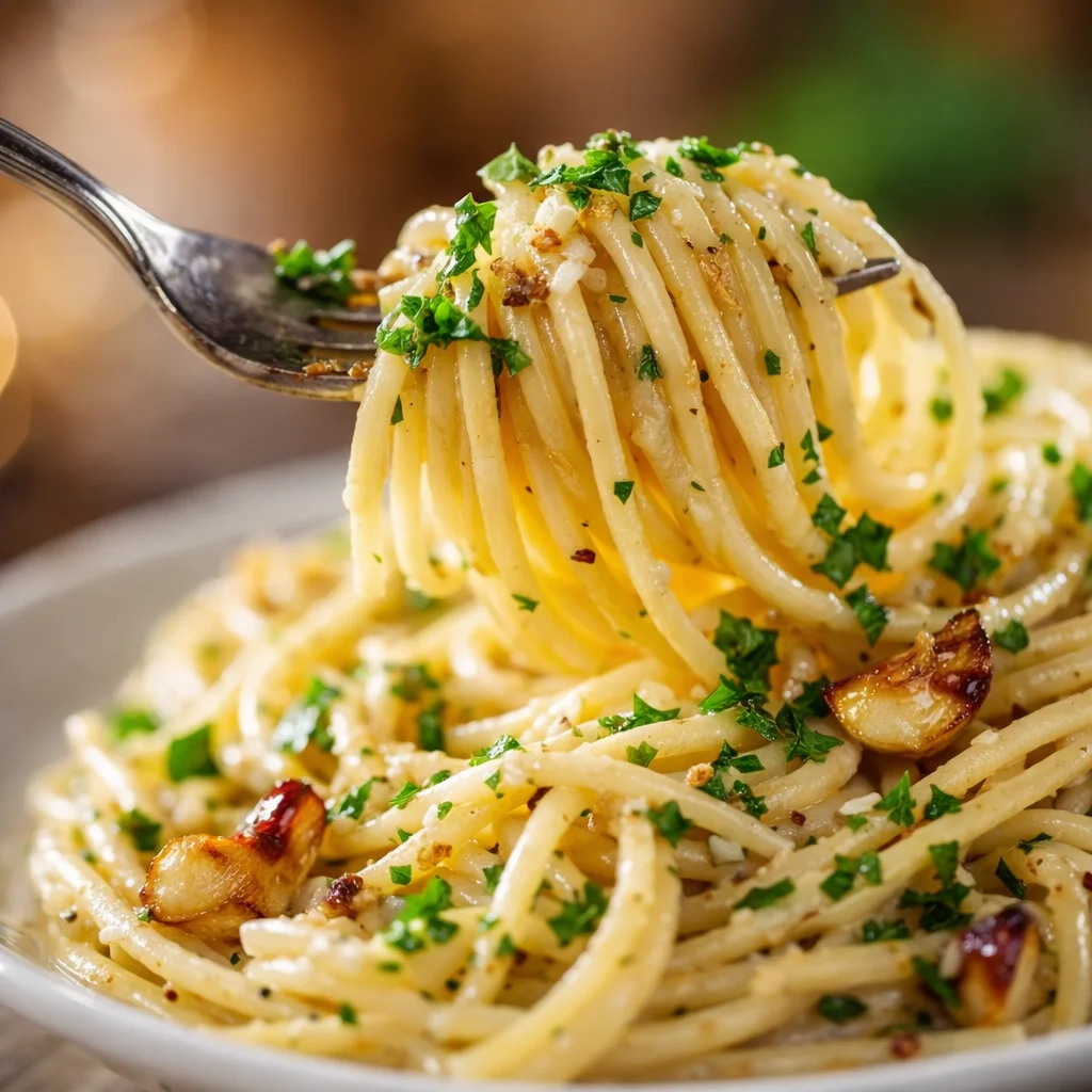 Creamy Garlic Pasta served on a plate, garnished with herbs and ready in 20 minutes.