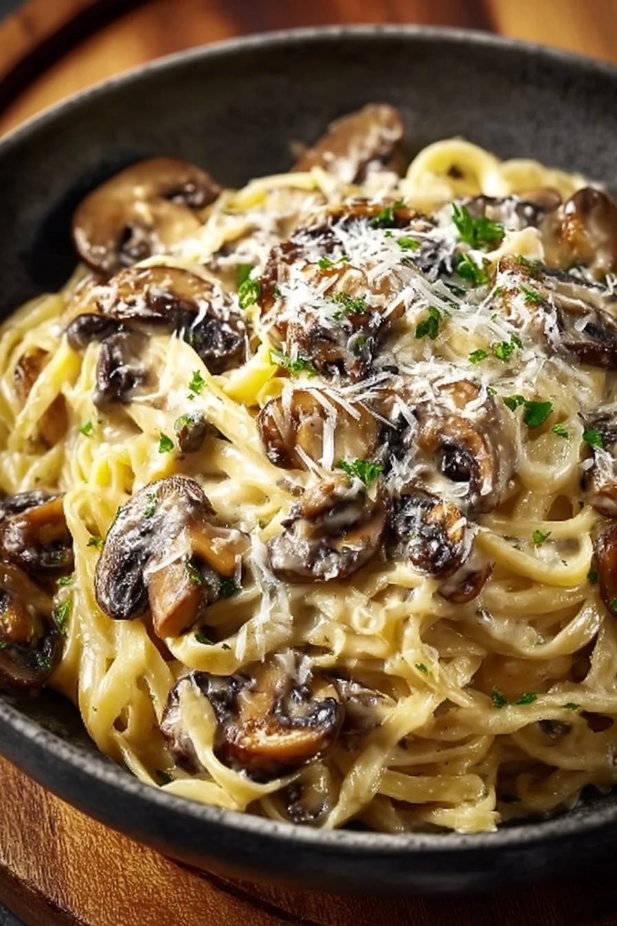 Creamy mushroom gruyere pasta in a bowl, garnished with herbs