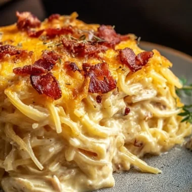 Creamy Southern Spaghetti Bake served in a casserole dish with melted cheese