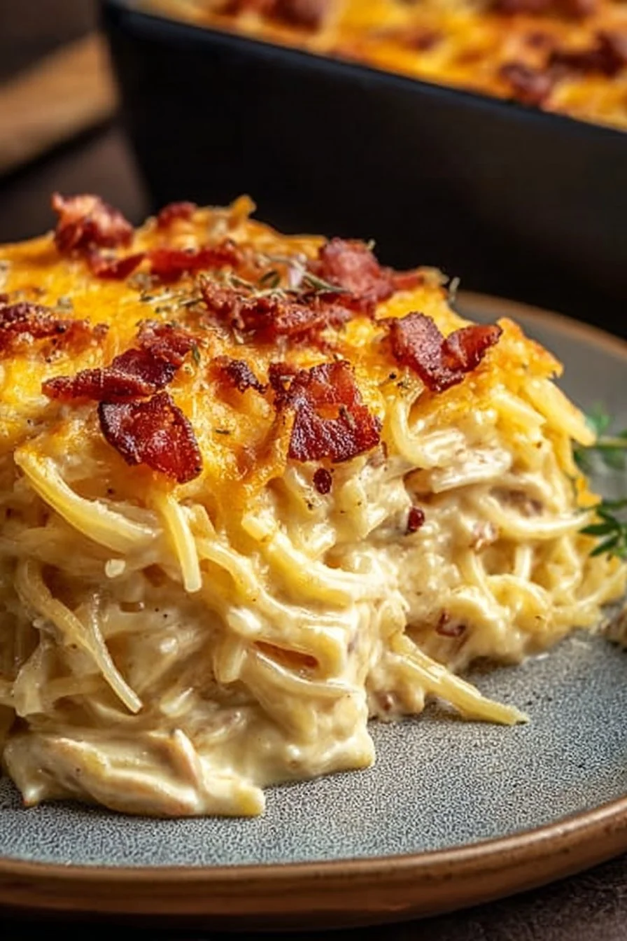Creamy Southern Spaghetti Bake served in a casserole dish with melted cheese