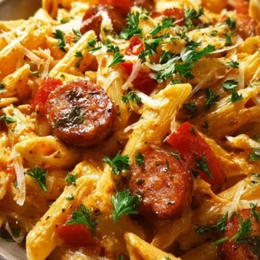 Delicious creamy spicy Cajun sausage pasta served in a bowl