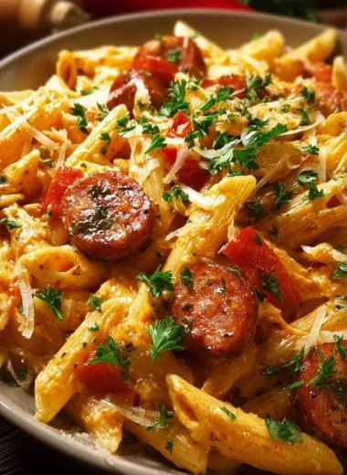 Delicious creamy spicy Cajun sausage pasta served in a bowl