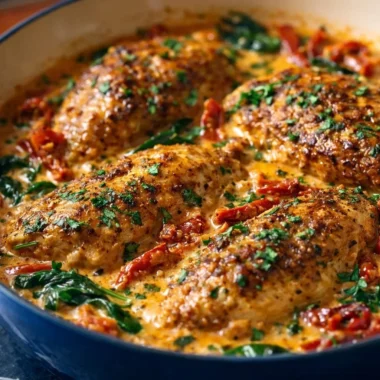 Creamy Tuscan chicken with sun-dried tomatoes served on a plate