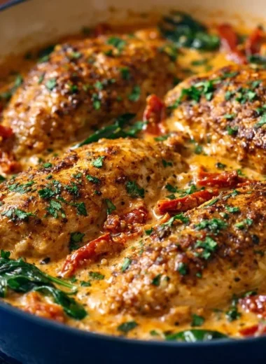 Creamy Tuscan chicken with sun-dried tomatoes served on a plate