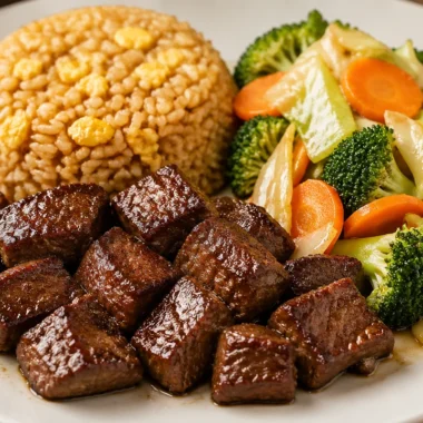Crispy beef stir-fry with colorful vegetables and fried rice on a plate