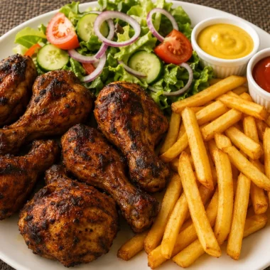 Crispy chicken drumsticks served on a plate with dipping sauce and garnish.
