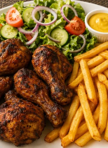 Crispy chicken drumsticks served on a plate with dipping sauce and garnish.