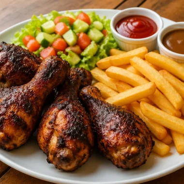 Crispy chicken drumsticks served with fries and fresh salad
