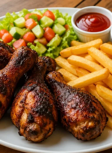 Crispy chicken drumsticks served with fries and fresh salad
