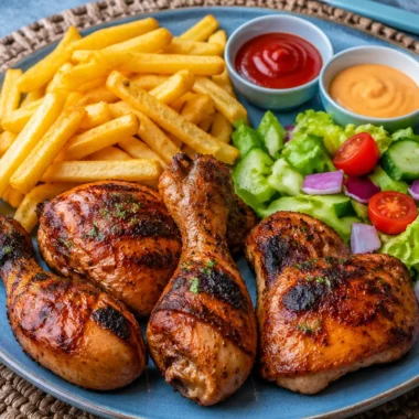Crispy chicken drumsticks served with fries and salad on a plate