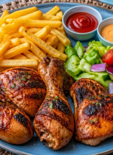 Crispy chicken drumsticks served with fries and salad on a plate