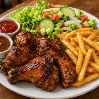 Crispy chicken drumsticks served with golden fries and a fresh salad.