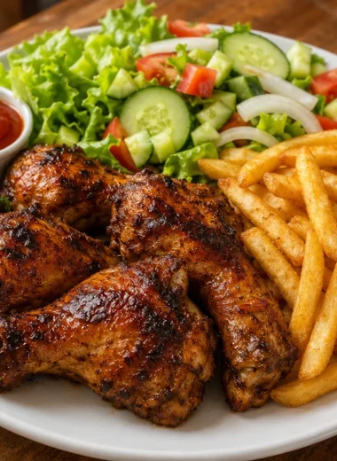 Crispy chicken drumsticks served with golden fries and a fresh salad.