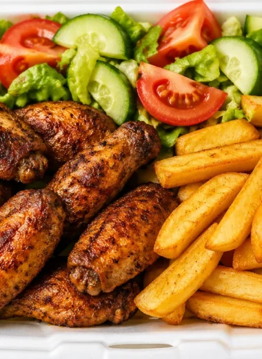 Crispy chicken wings with thick-cut fries and garden salad on a plate