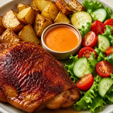 Crispy chicken served with roasted potatoes and a fresh side salad