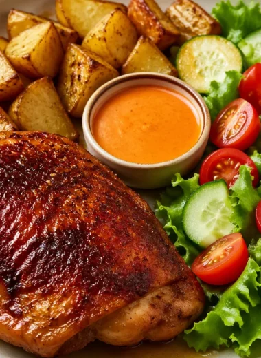Crispy chicken served with roasted potatoes and a fresh side salad