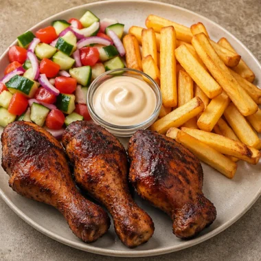 Crispy drumsticks served with fries and salad for a delightful meal.